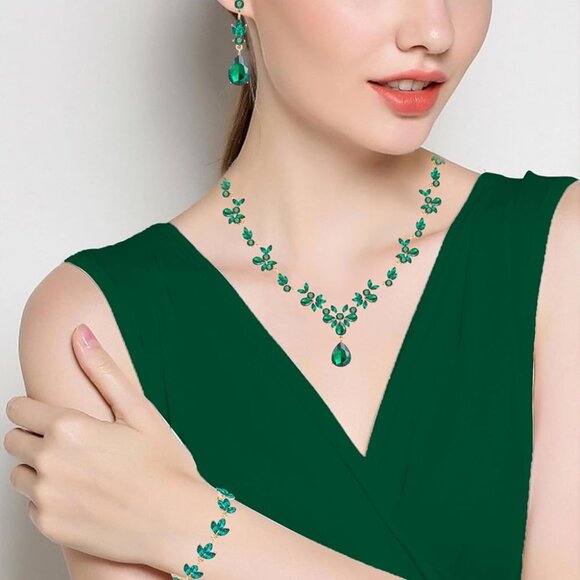 Emerald Green Crystal Jewelry Set Wedding Prom Bridesmaids Gift Jewelry - Picture 2 of 7